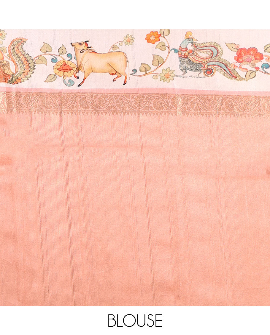 Multi-color checked & buttas tussar silk saree, contrast printed border of kalamkari peacock, floral & Pichwai cow & zari-rich pallu