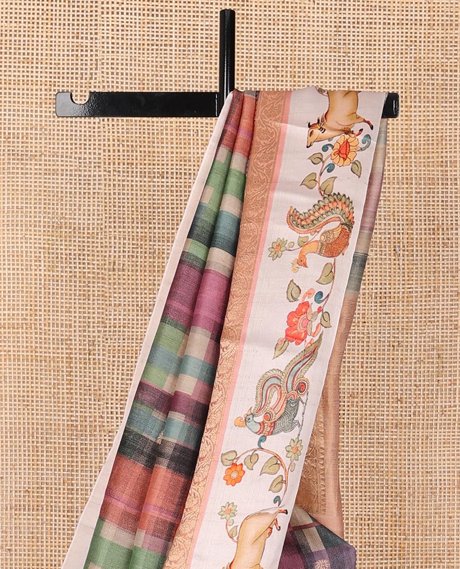 Multi-color checked & buttas tussar silk saree, contrast printed border of kalamkari peacock, floral & Pichwai cow & zari-rich pallu