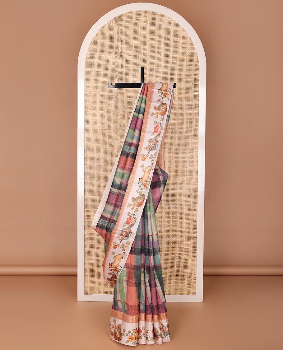 Multi-color checked & buttas tussar silk saree, contrast printed border of kalamkari peacock, floral & Pichwai cow & zari-rich pallu