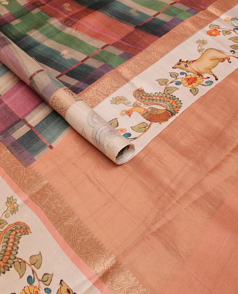 Multi-color checked & buttas tussar silk saree, contrast printed border of kalamkari peacock, floral & Pichwai cow & zari-rich pallu