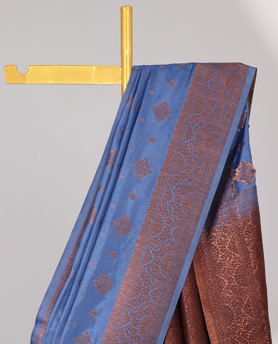 Violet geometric motifs semi-banaras tussar saree with contrast zari border & pallu of jaal design