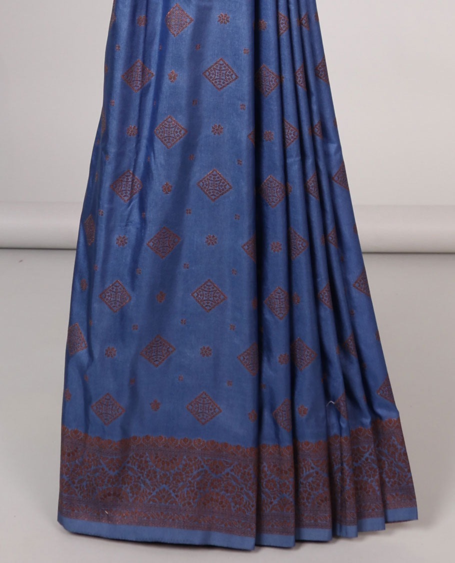 Violet geometric motifs semi-banaras tussar saree with contrast zari border & pallu of jaal design