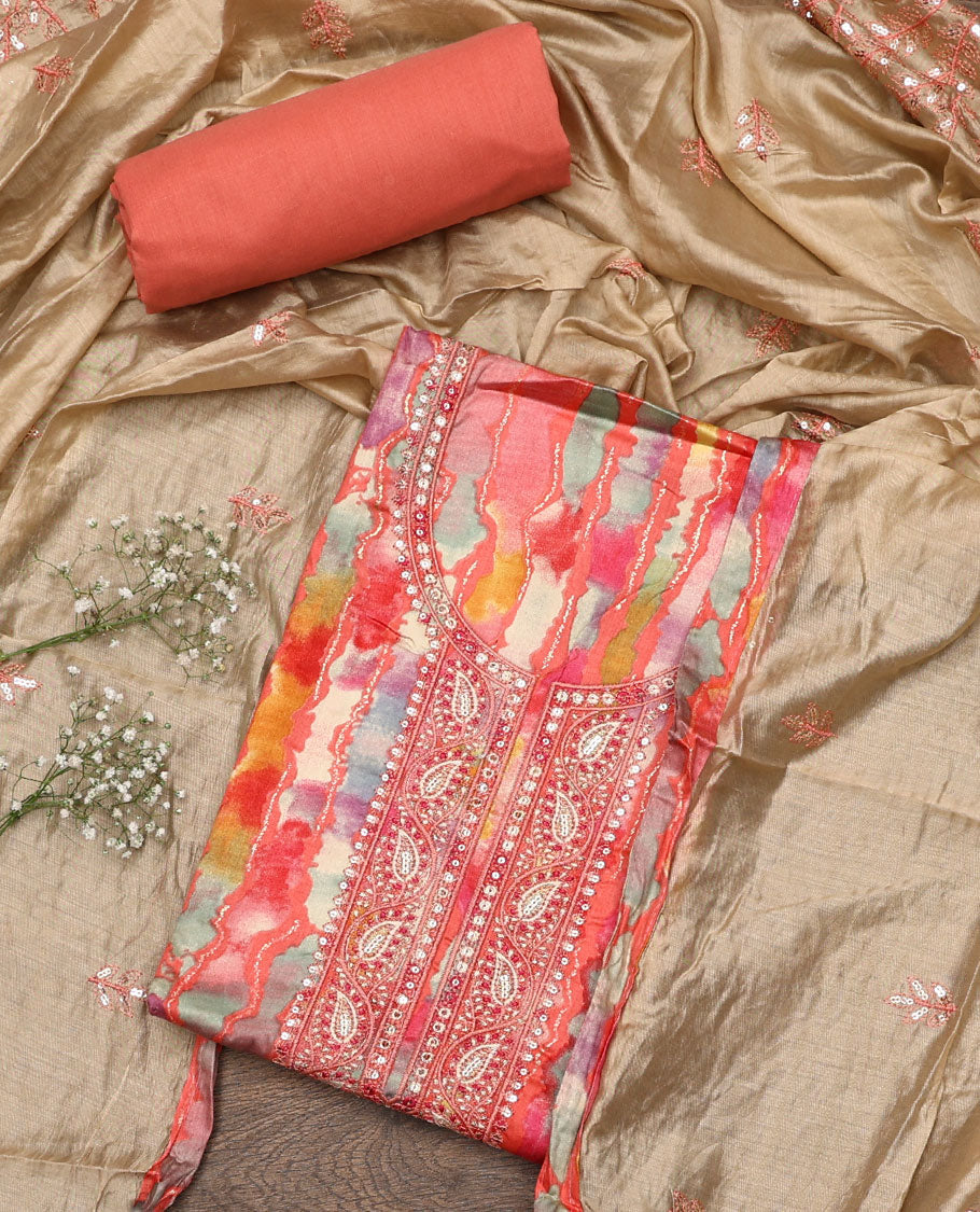 Pink material chudidar set, abstract printed with neck embroidered top, plain bottom, and contrast embroidered motifs dupatta