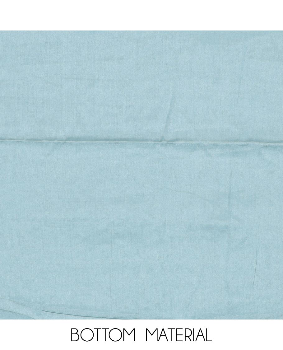 Light blue material chudidar set, tropical printed with neck embroidered top, plain bottom, and thread embroidered dupatta