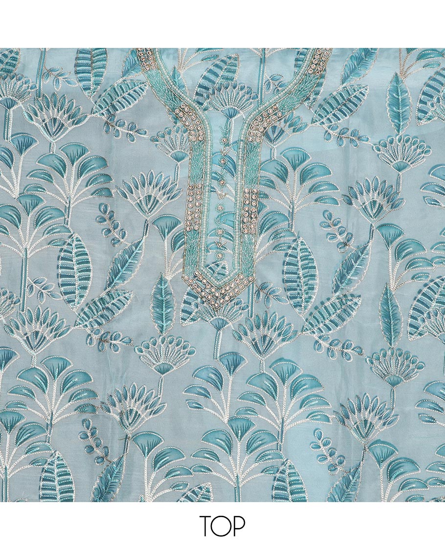Light blue material chudidar set, tropical printed with neck embroidered top, plain bottom, and thread embroidered dupatta