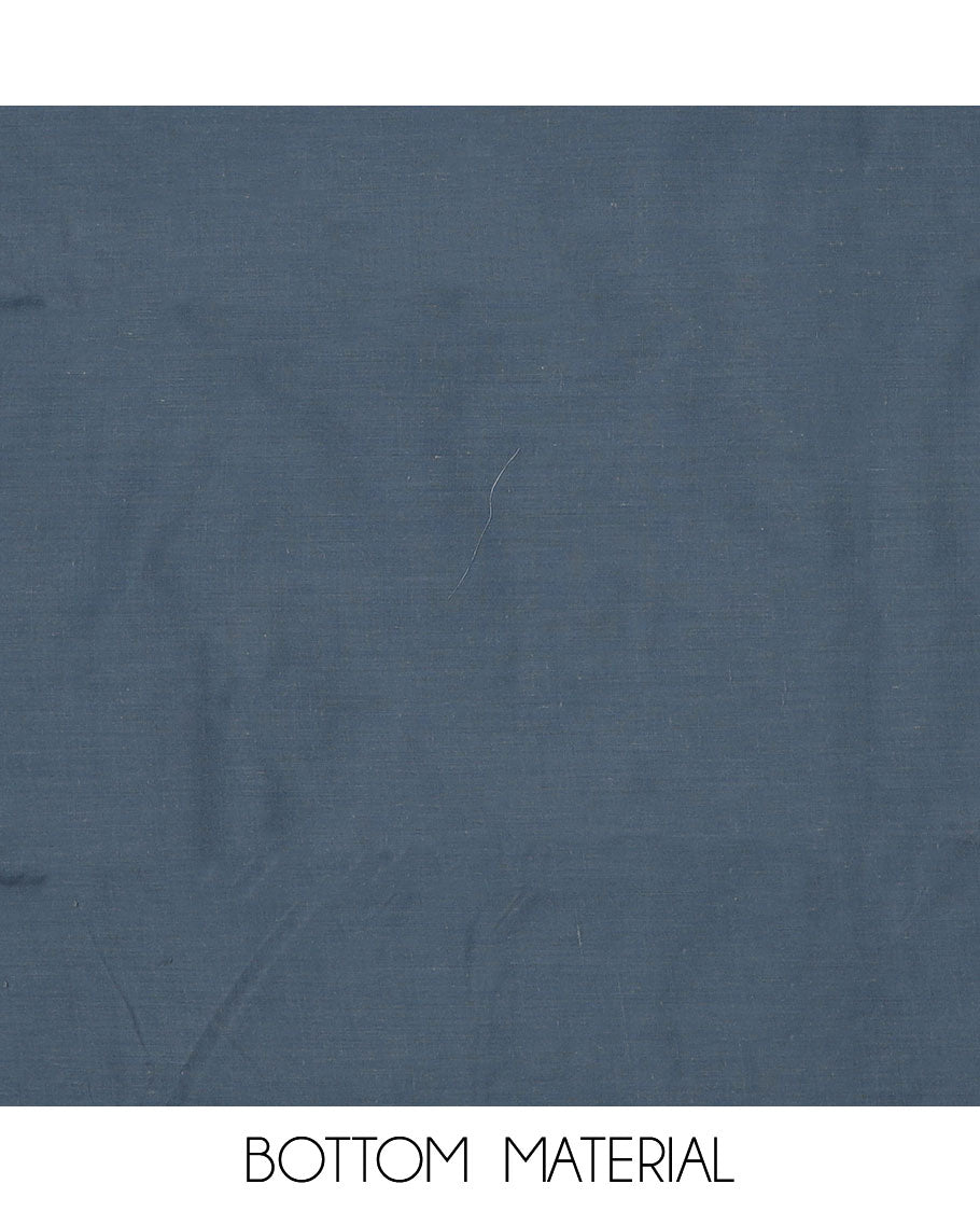 Blue material chudidar set, leaf patterned with neck real mirror work top, plain bottom and sequins striped dupatta