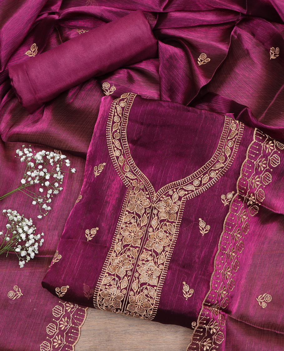 Purple material chudidar set, floral thread embroidered top, plain bottom, and scallop thread embroidered dupatta