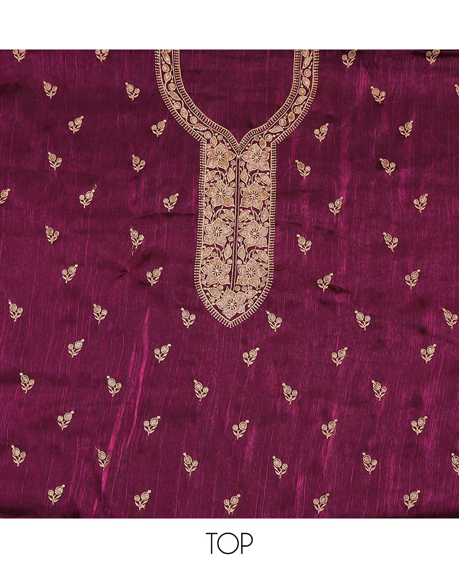 Purple material chudidar set, floral thread embroidered top, plain bottom, and scallop thread embroidered dupatta