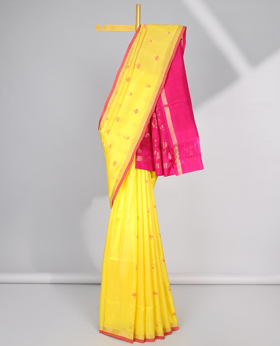 Yellow all-over flower motifs upadda silk saree with self zari border
