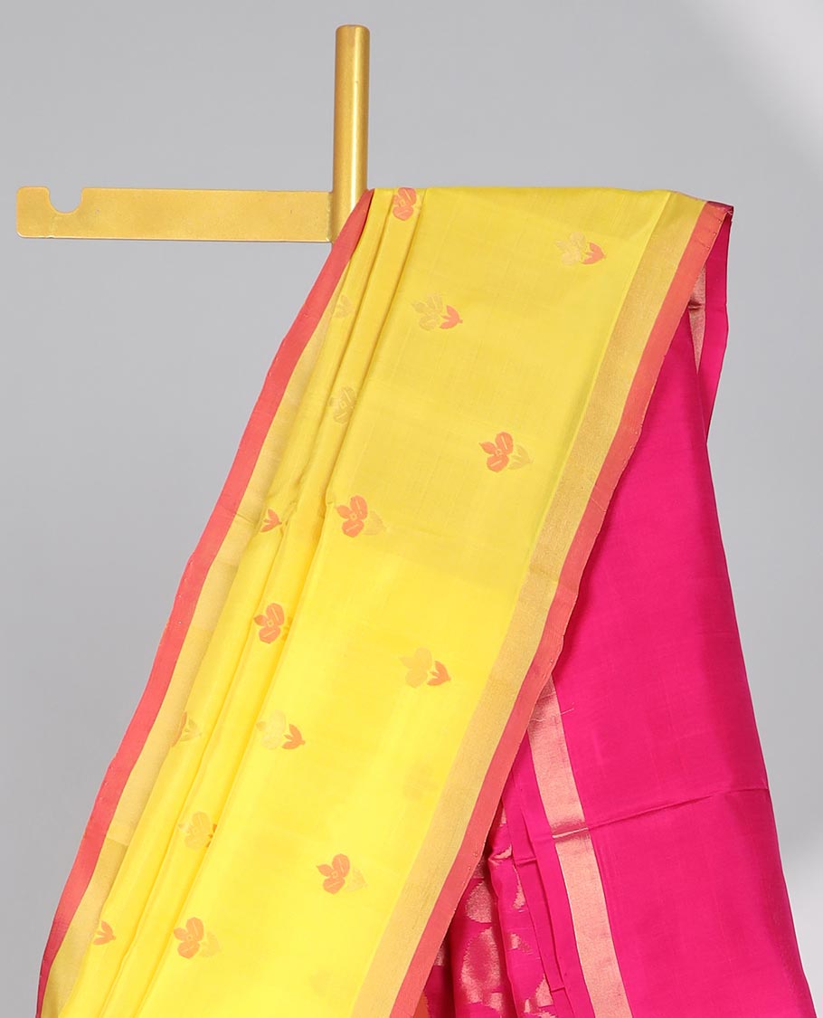 Yellow all-over flower motifs upadda silk saree with self zari border