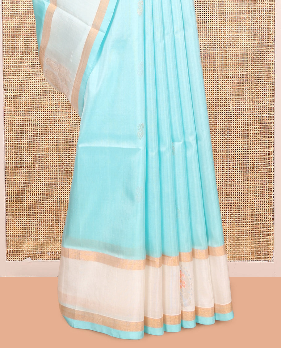 Blue Uppada Silk Saree, Subtly Sparkled with Zari Buttas, Complemented By Contrast Peacock Zari Border, Pallu of Paisley and Peacock Buttas, and a Contrast Blouse