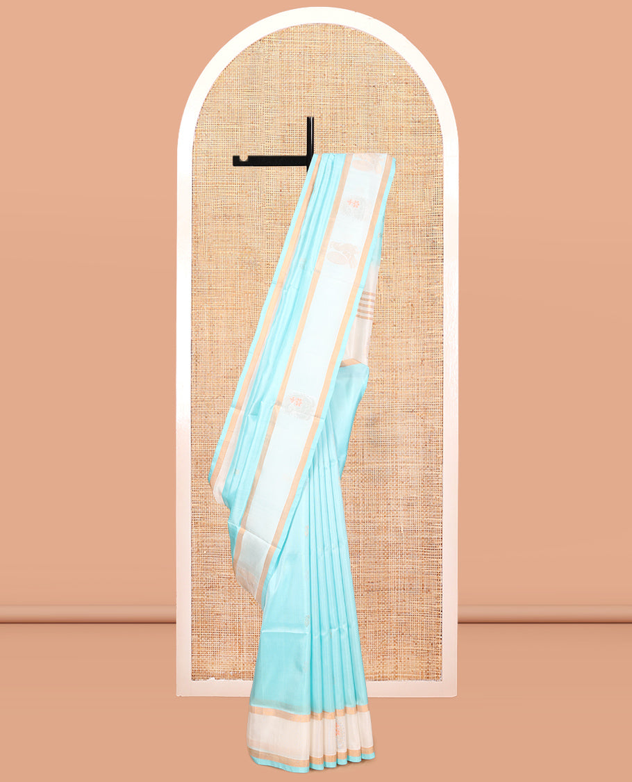 Blue Uppada Silk Saree, Subtly Sparkled with Zari Buttas, Complemented By Contrast Peacock Zari Border, Pallu of Paisley and Peacock Buttas, and a Contrast Blouse