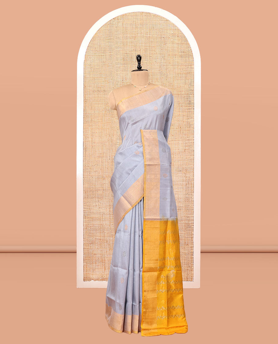 Grey Uppada Silk Saree, Subtly Sparkled with Buttas, Contrast Zari Border, Sparsely Motifs Woven Pallu, and a Contrast Blouse