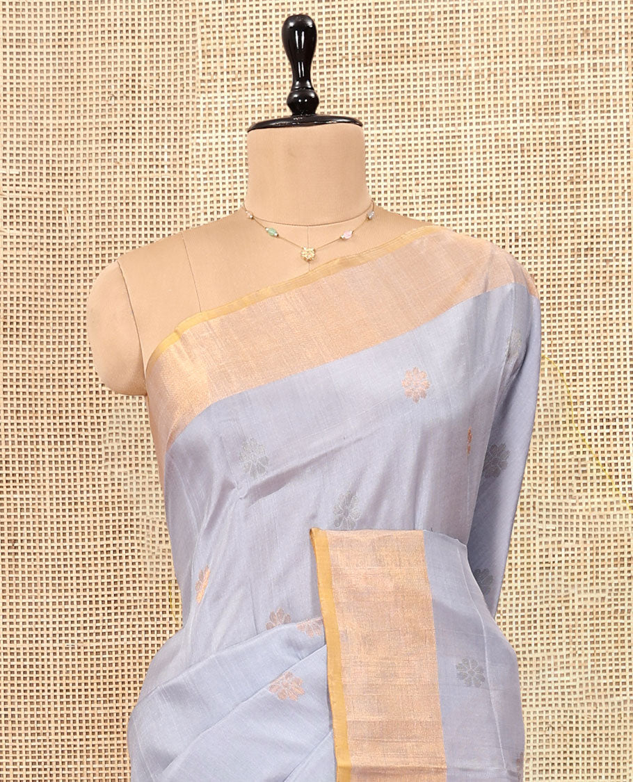 Grey Uppada Silk Saree, Subtly Sparkled with Buttas, Contrast Zari Border, Sparsely Motifs Woven Pallu, and a Contrast Blouse