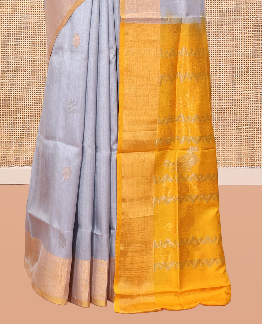 Grey Uppada Silk Saree, Subtly Sparkled with Buttas, Contrast Zari Border, Sparsely Motifs Woven Pallu, and a Contrast Blouse