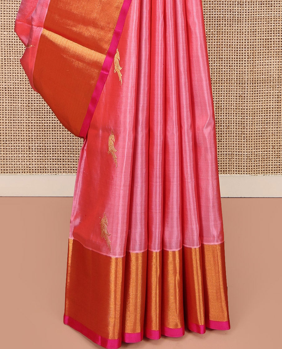 Pink Venkatagiri Silk Saree, Adorned with Parrot Zari Buttas All Over Its Body, Complemented by a Contrast Zari Border, Pallu of Intricate Designs, and Paired with a Contrast Blouse