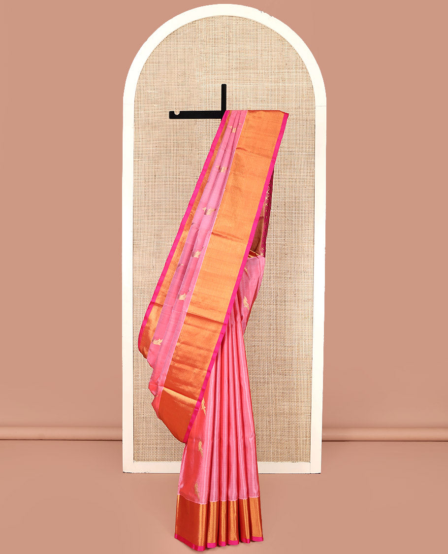Pink Venkatagiri Silk Saree, Adorned with Parrot Zari Buttas All Over Its Body, Complemented by a Contrast Zari Border, Pallu of Intricate Designs, and Paired with a Contrast Blouse