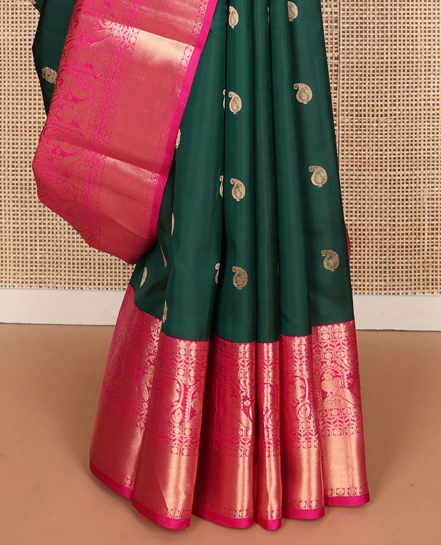 Bottle green buttas vasundhara silk saree with contrast zari design border & argyle design pallu
