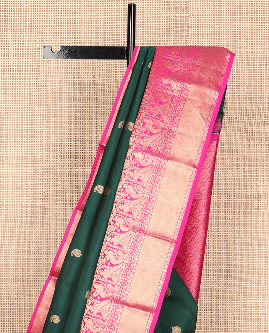 Bottle green buttas vasundhara silk saree with contrast zari design border & argyle design pallu