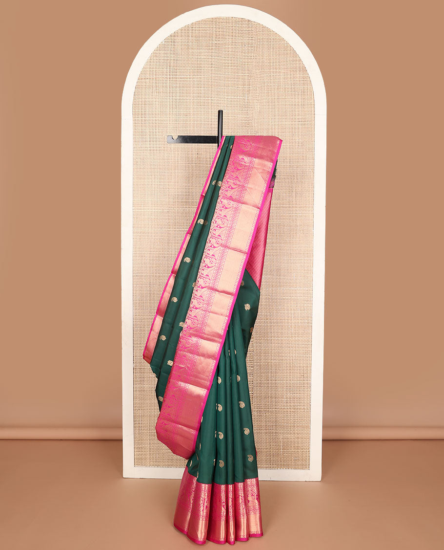 Bottle green buttas vasundhara silk saree with contrast zari design border & argyle design pallu