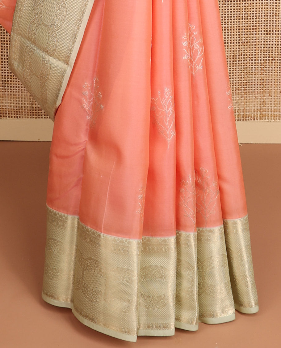 Peach buttas vasundhara elite silk saree with contrast intricate zari design border & geometric design pallu