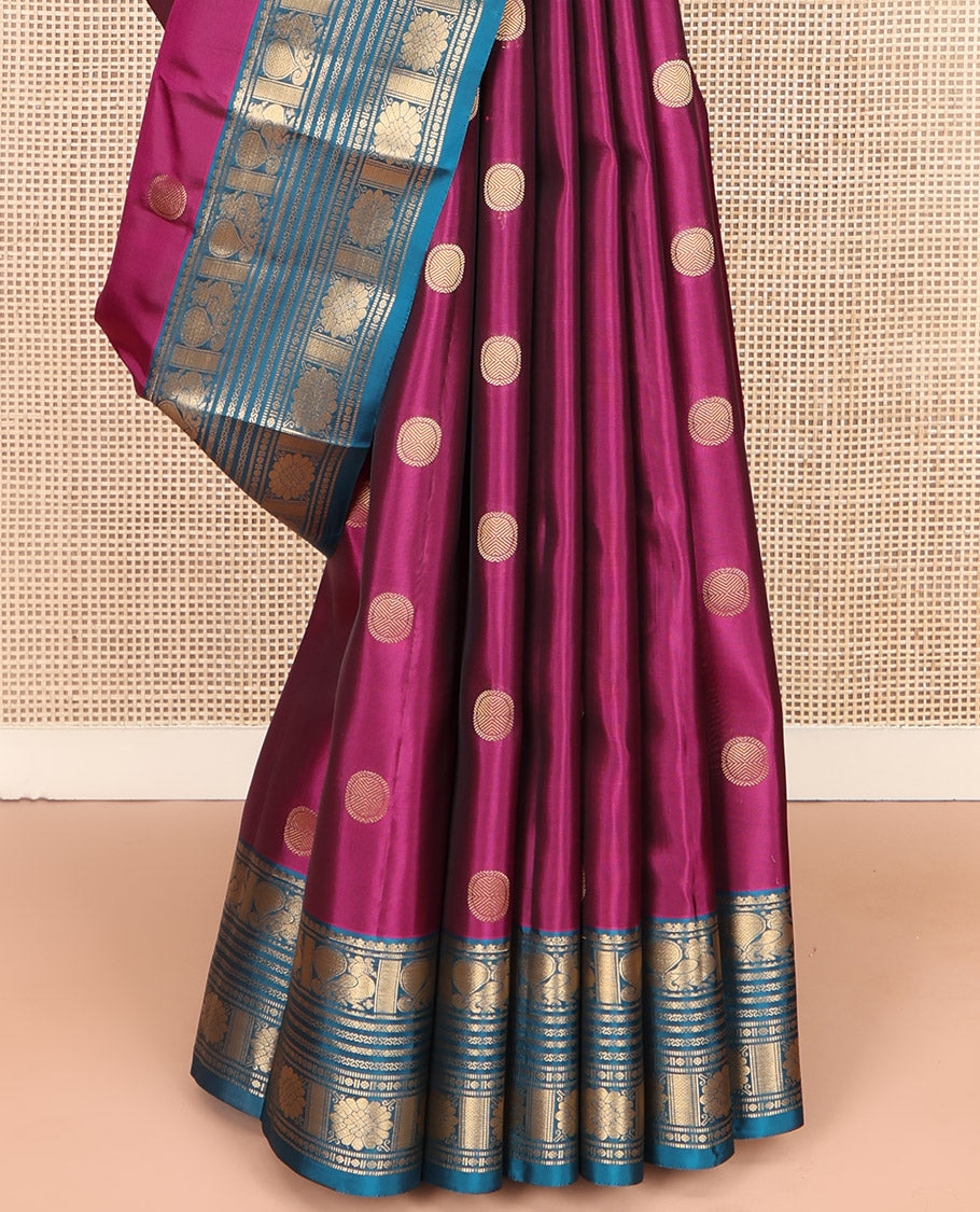 Purple Vasundhara Lite Silk Mix Saree, Embellished with Poun Buttas All Over Its Body, Complemented by a Contrast Border of Mayil, Cros Neli, Kamalam, and Chakram Designs, Elegantly Designed Pallu, and Paired with a Contrast Blouse