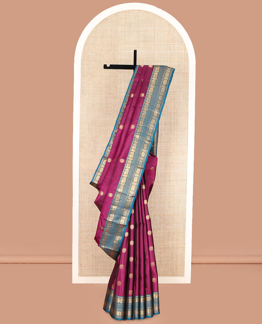 Purple Vasundhara Lite Silk Mix Saree, Embellished with Poun Buttas All Over Its Body, Complemented by a Contrast Border of Mayil, Cros Neli, Kamalam, and Chakram Designs, Elegantly Designed Pallu, and Paired with a Contrast Blouse