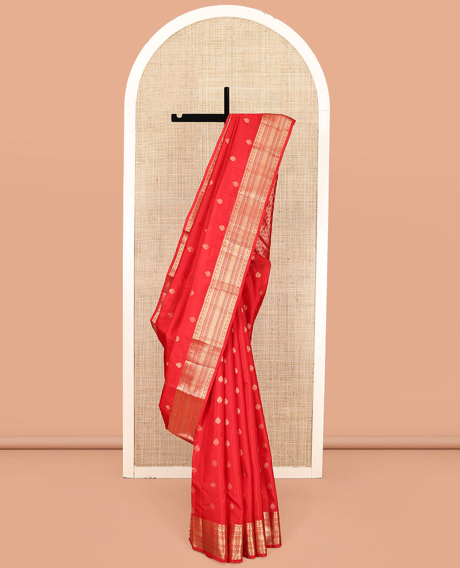 Red Vasundhara Lite-Silk Mix Saree, Delicately Woven with Zari Buttas, Highlighted by Zari Traditional Border, Intricately Designed Pallu, and a Matching Blouse