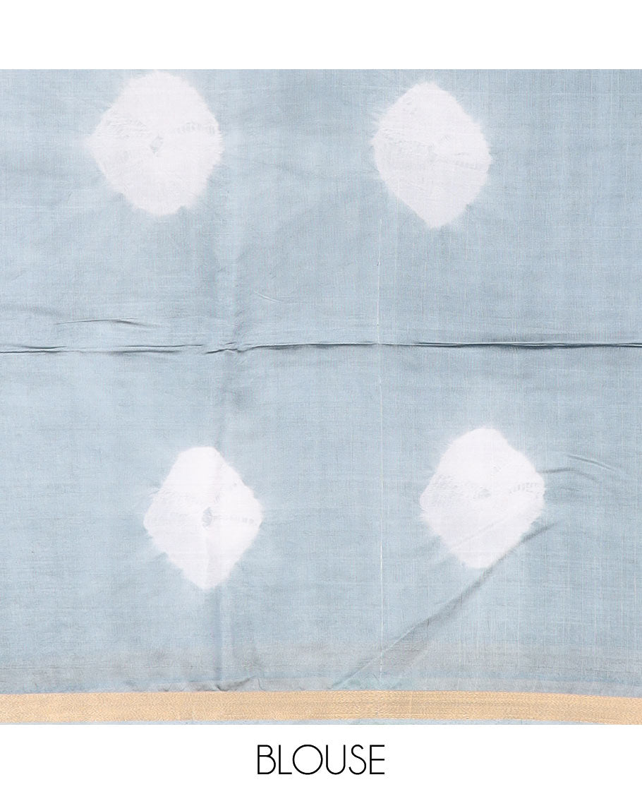 Grey shibori printed banana pith saree, piping border, and shibori printed pallu