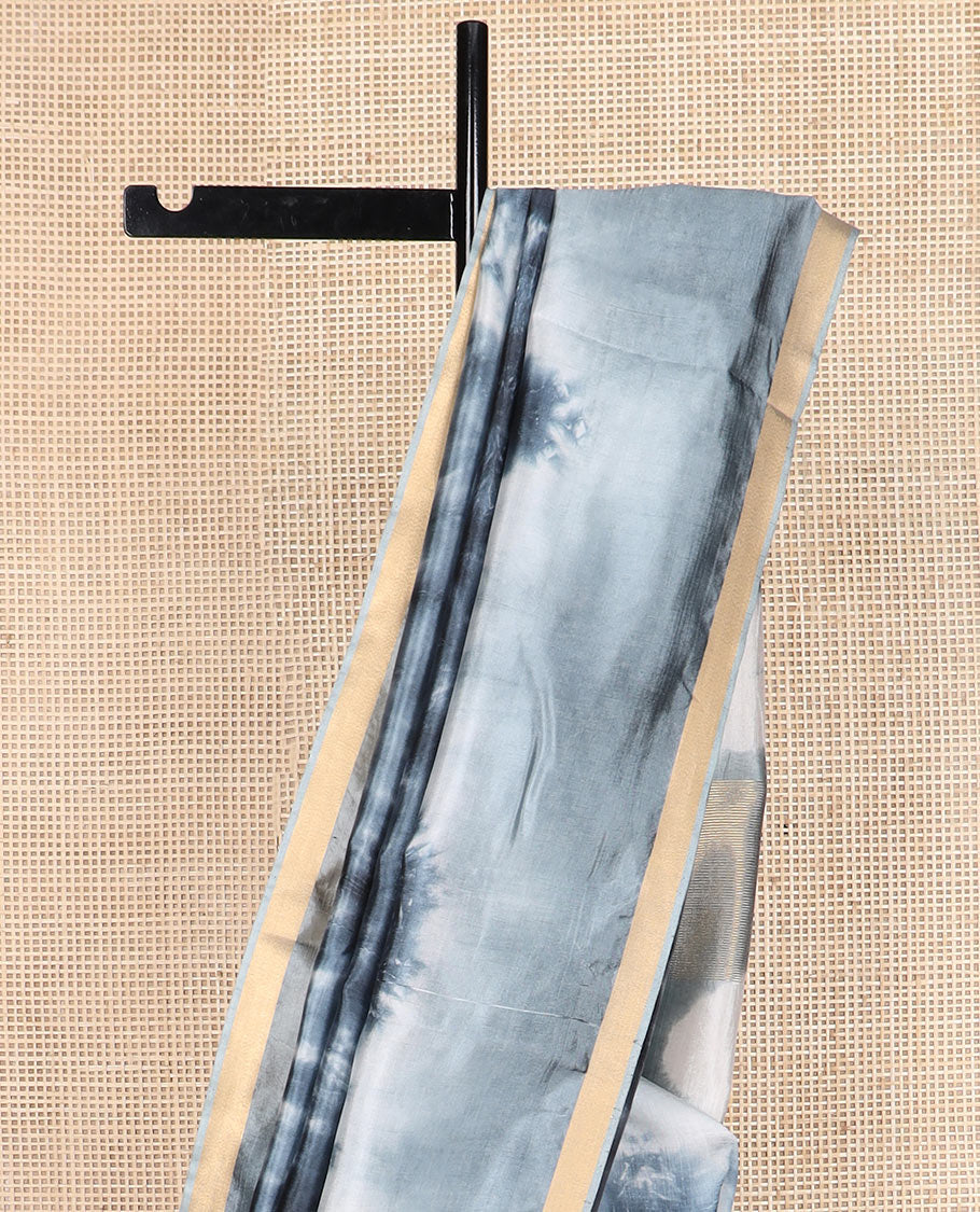 Grey shibori printed banana pith saree, piping border, and shibori printed pallu