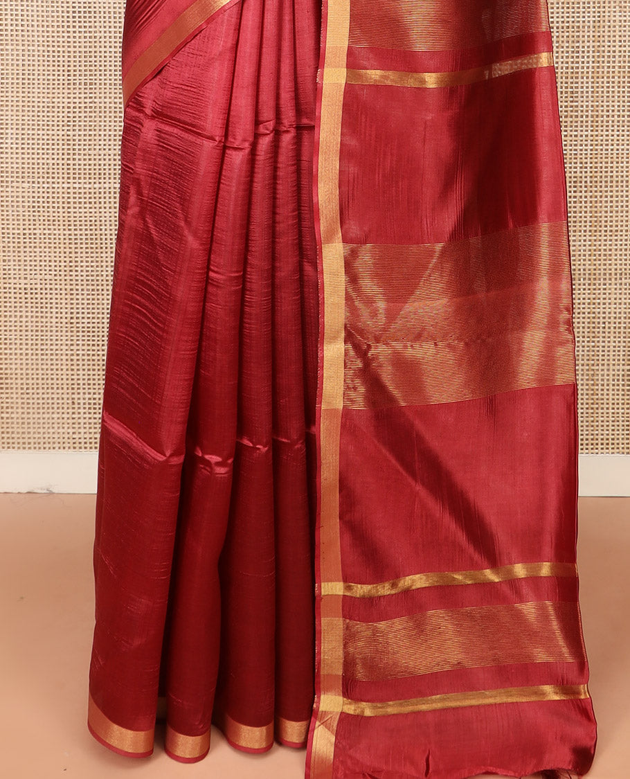 Maroon Plain Banana Pith Saree Subtly Sparkled with Zari Bavanji Border, Gleaming Zari Stripes Woven Pallu, and Paired with a Matching Plain Blouse