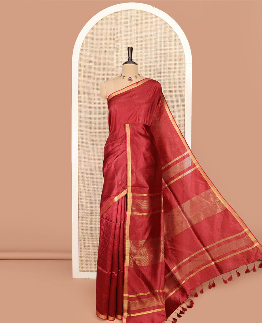 Maroon Plain Banana Pith Saree Subtly Sparkled with Zari Bavanji Border, Gleaming Zari Stripes Woven Pallu, and Paired with a Matching Plain Blouse