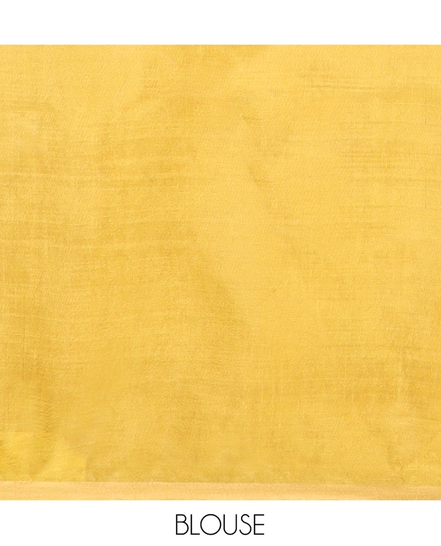 Yellow Banana Pith Saree Adorned with Butta Enclosed Squares, Subtly Sparkled with Piping Border, Striped Pallu, and Paired with a Matching Blouse