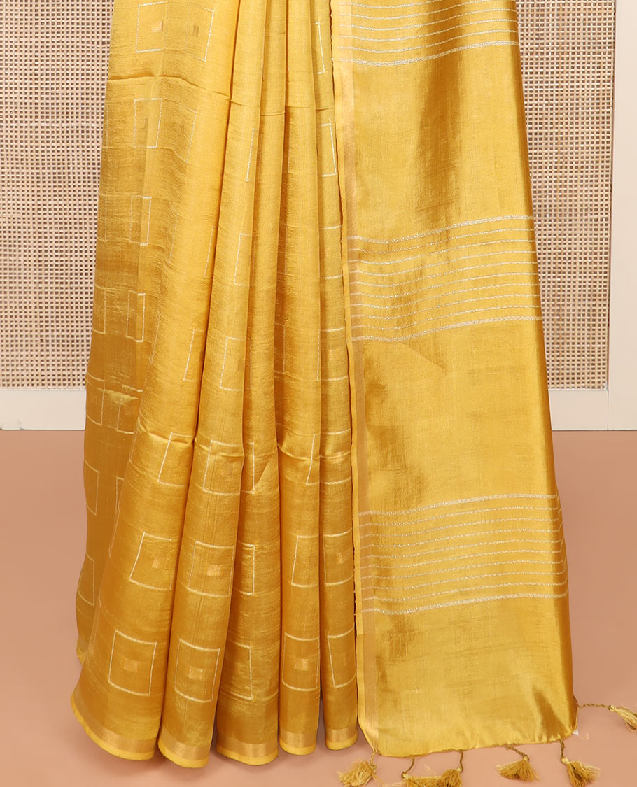 Yellow Banana Pith Saree Adorned with Butta Enclosed Squares, Subtly Sparkled with Piping Border, Striped Pallu, and Paired with a Matching Blouse