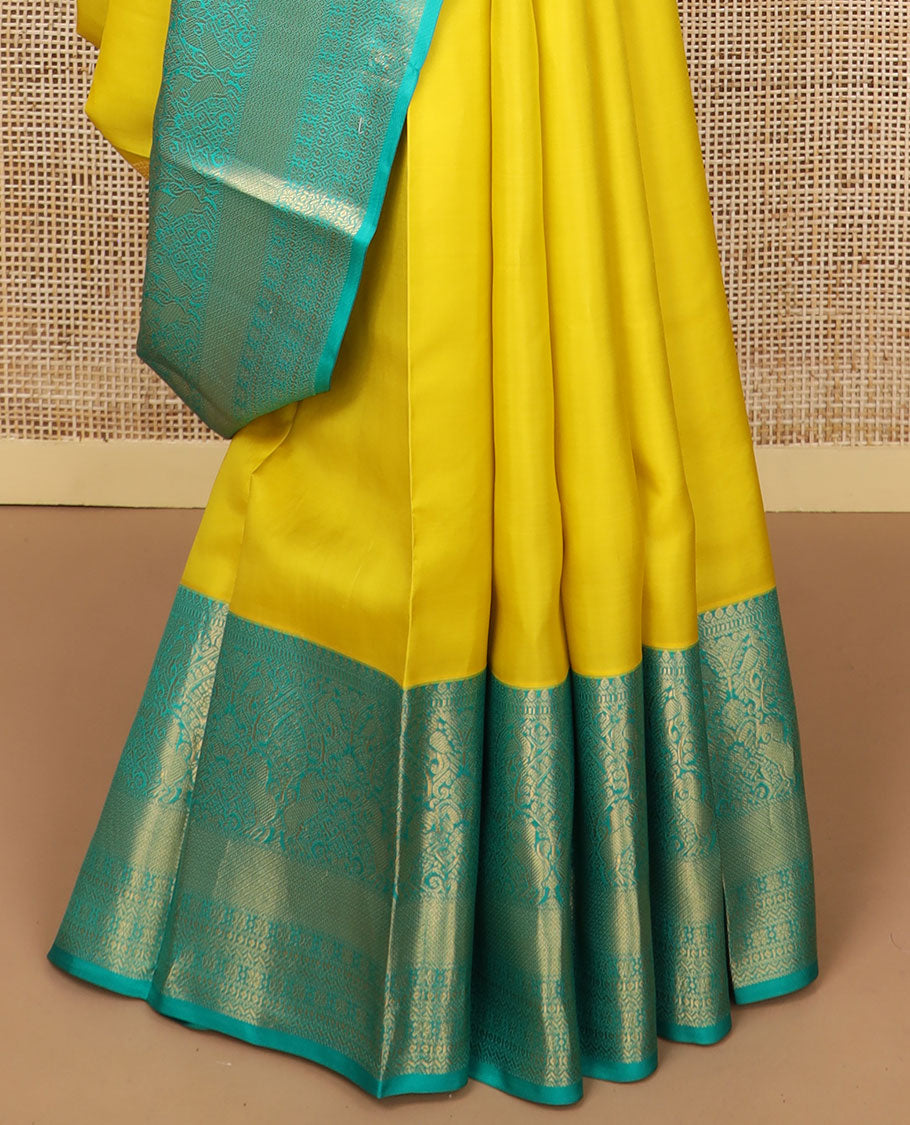 Yellow buttas silk saree with contrast zari design border & floral jaal design pallu