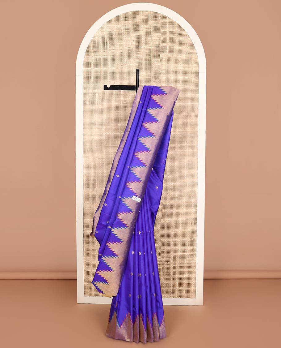 Blue buttas silk saree with self rekku border & striped pallu