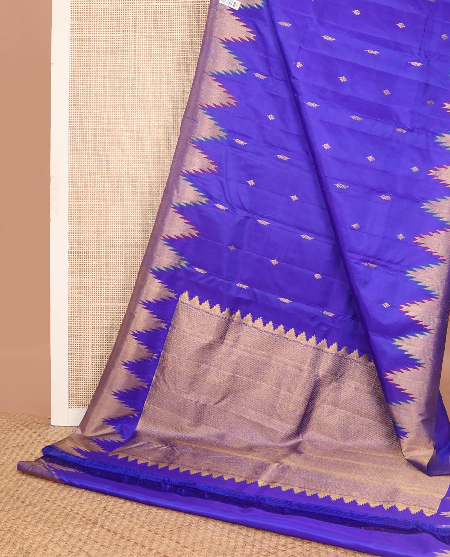 Blue buttas silk saree with self rekku border & striped pallu