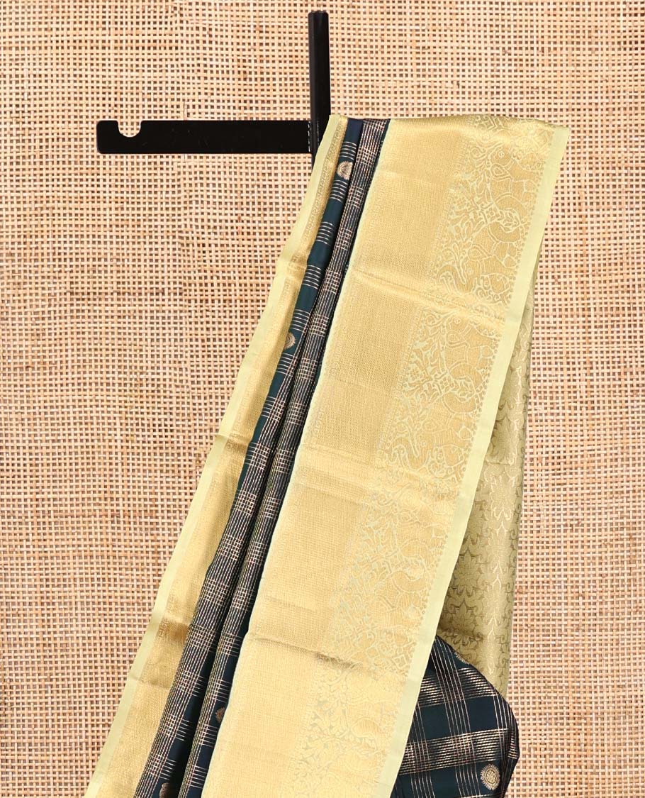 Green Vasundhara Silk Saree, Enriched with Zari Butta Enclosed Checked All Over Its Body, Complemented by a Contrast Border of Yaanai Designs, Intricately Designed Pallu, and Paired with a Contrast Blouse
