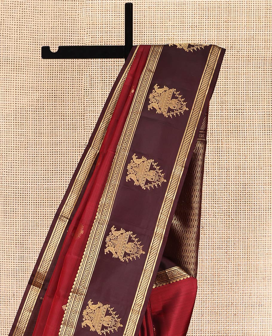 Red Vasundhara Silk Saree, Elevated with Zari Buttas, Contrast Border of Thilakam Mokku, Neli, Kathir, Ara Maadam, Yaanai, and Kili Designs, Grand Pallu, and a Contrast Blouse