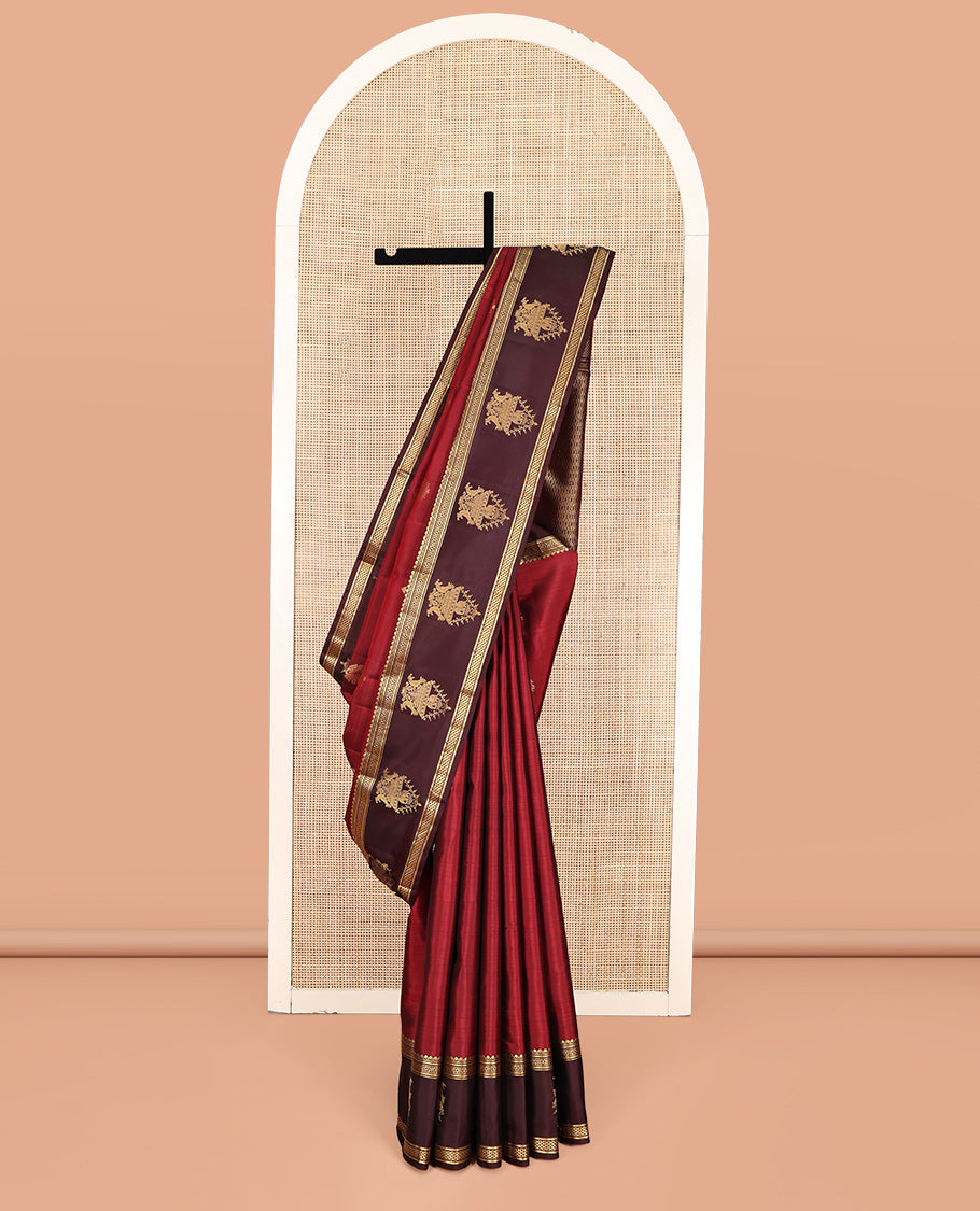 Red Vasundhara Silk Saree, Elevated with Zari Buttas, Contrast Border of Thilakam Mokku, Neli, Kathir, Ara Maadam, Yaanai, and Kili Designs, Grand Pallu, and a Contrast Blouse
