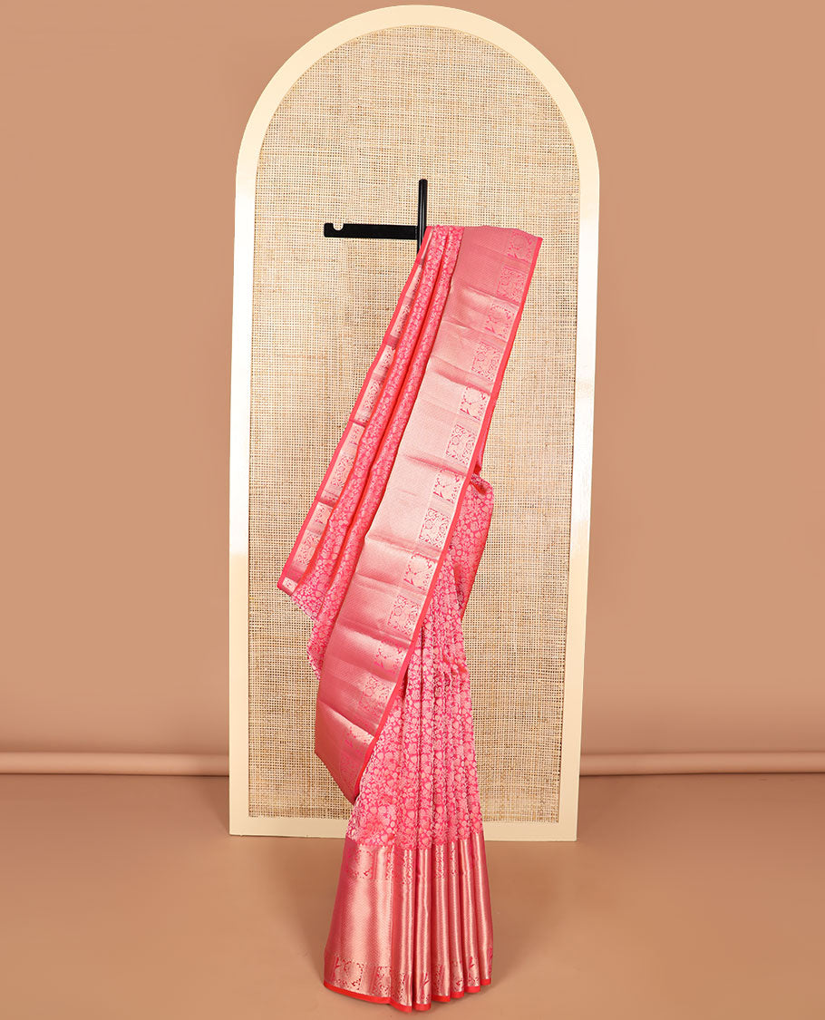 Red floral design kancheepuram silk saree with self border of intricate zari design border & floral design pallu