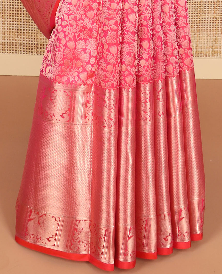 Red floral design kancheepuram silk saree with self border of intricate zari design border & floral design pallu