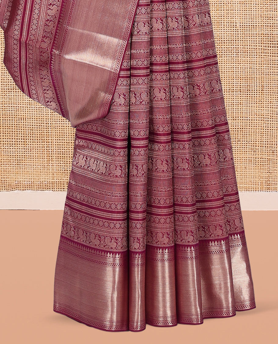 Wine Kanchipuram Wedding Silk Saree, Meticulously Woven with Jacquard Design, a Self-Border of Thilakam, Kathir, and Geometric Designs, Grand Pallu, and a Matching Blouse