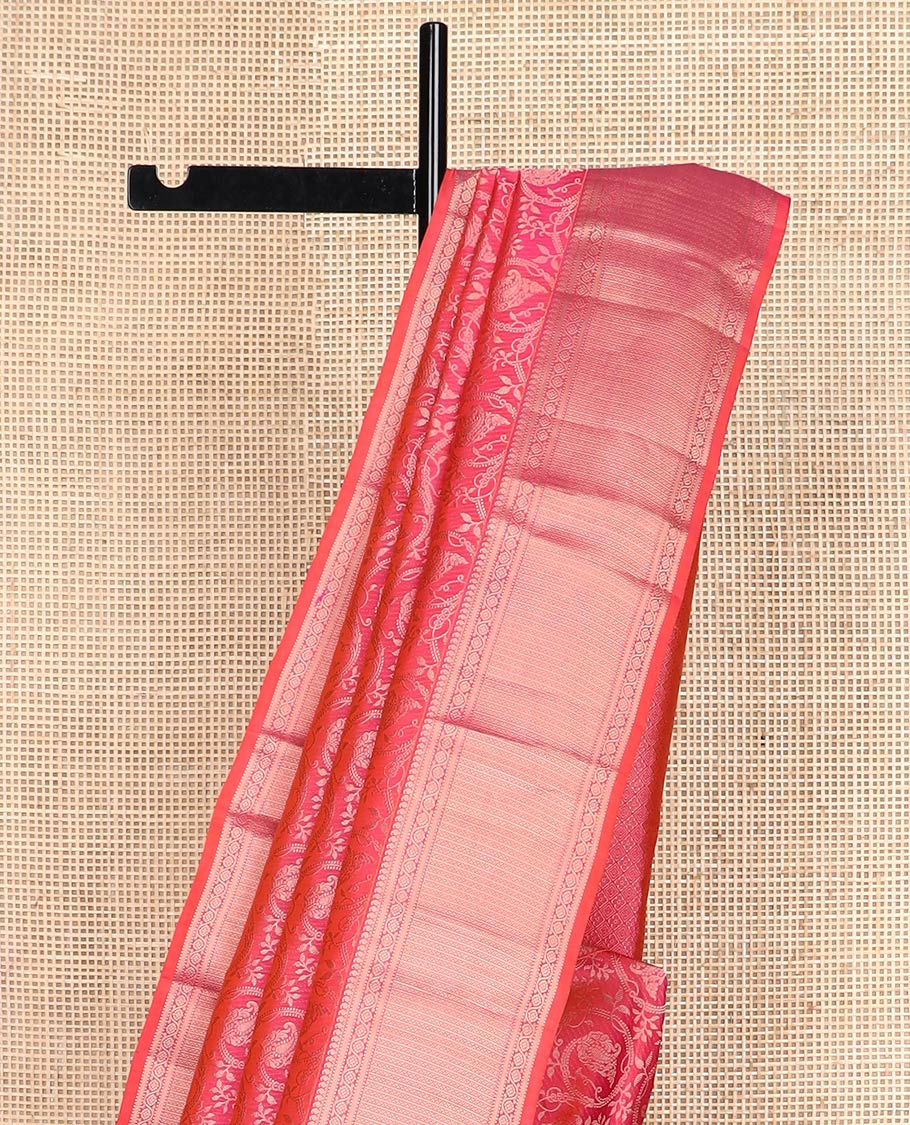 Pink jacquard Kanchipuram wedding silk saree, zari border of manga mokku, muthu, kathir, kodi visiry, and neli kathir, and jaal pallu