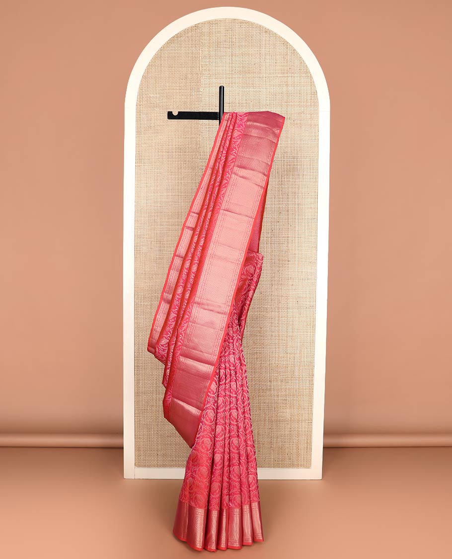 Pink jacquard Kanchipuram wedding silk saree, zari border of manga mokku, muthu, kathir, kodi visiry, and neli kathir, and jaal pallu