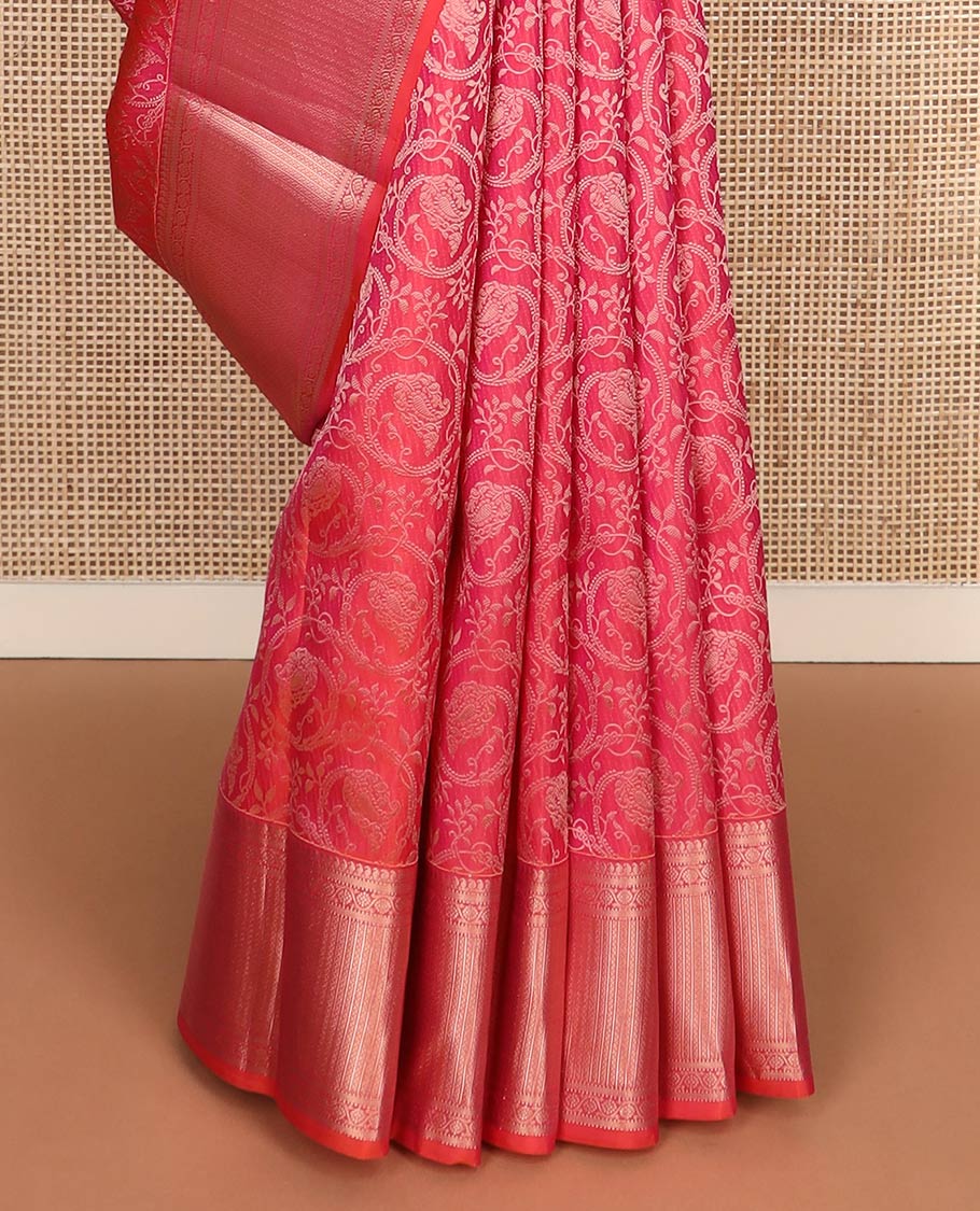 Pink jacquard Kanchipuram wedding silk saree, zari border of manga mokku, muthu, kathir, kodi visiry, and neli kathir, and jaal pallu