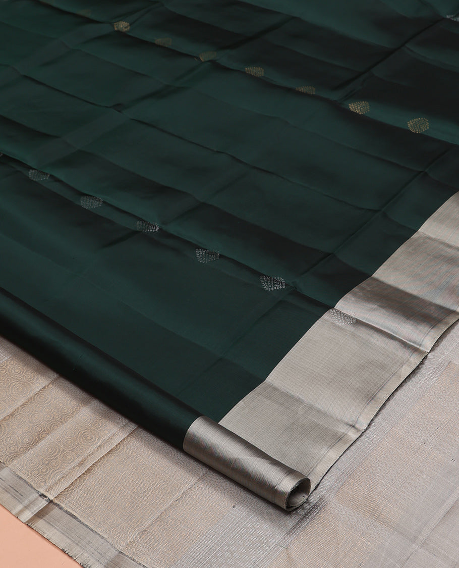 Green Mayuri Lite Silk Mix Saree, Subtly Sparkled with Zari Buttas, a Contrast Border, Sparsely Woven Pallu, and a Contrast Blouse