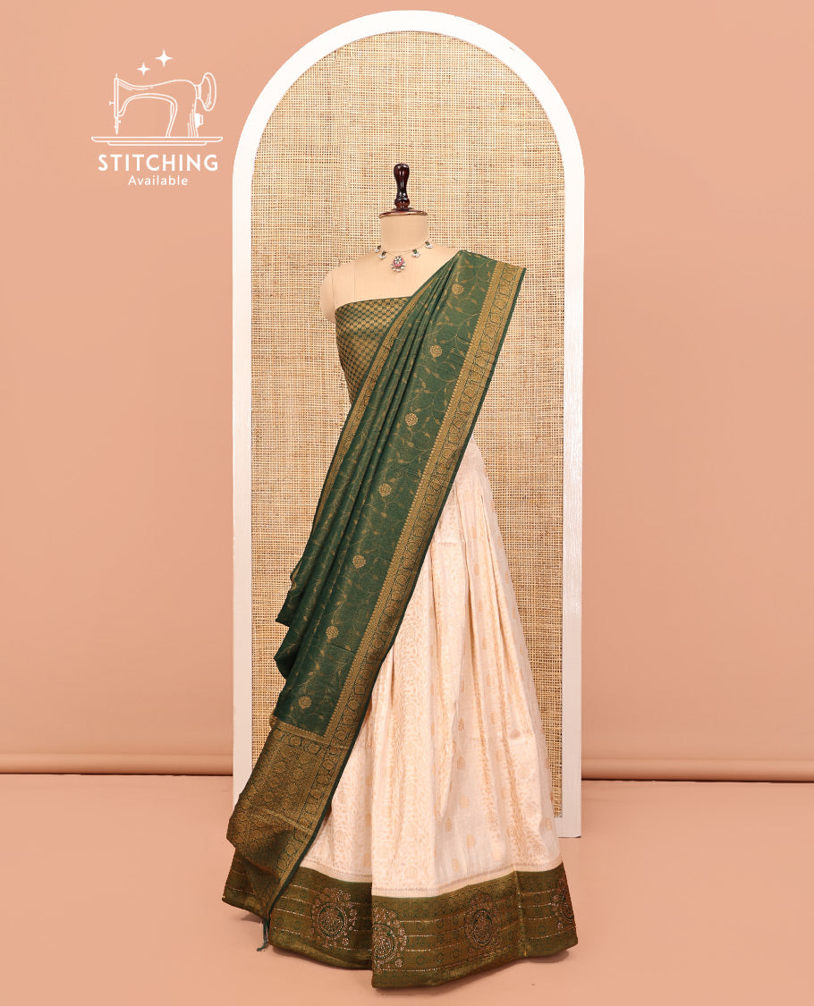 Cream Art Silk Half Saree, Subtly Woven with Jacquard Skirt, Contrast Traditional Stone-Work Border, a Jacquard Blouse, and Banaras Jacquard Dhavani