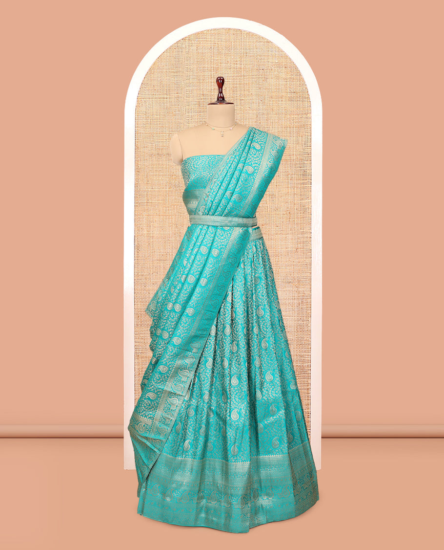 Turquoise Banarasi Half-Saree, Meticulously Crafted with Jacquard Design Skirt, a Traditional Border, Matching Blouse, and Intricately Designed Dupatta