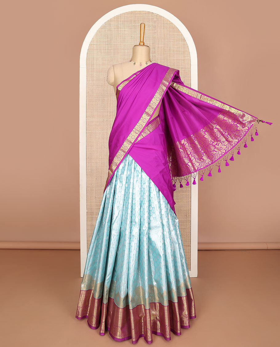 Blue jacquard art silk half-saree, contrast zari design dhavani, zari border & blouse of traditional designs